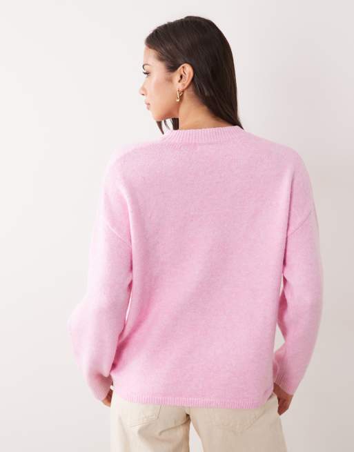Aria Cove knitted crew neck ribbed cuff sweater in pink, 4 of 4