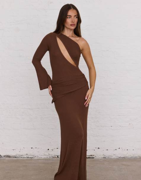 Aria Cove knitted cut out one shoulder drape detail maxi dress in brown
