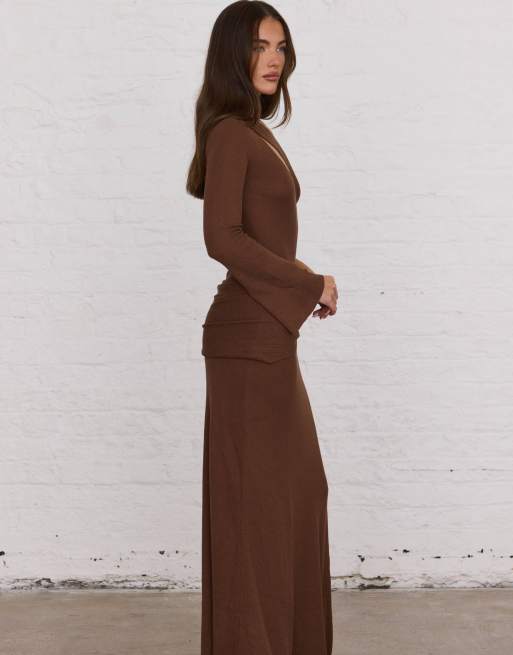 Aria Cove knitted cut out one shoulder drape detail maxi dress in brown, 2 of 4