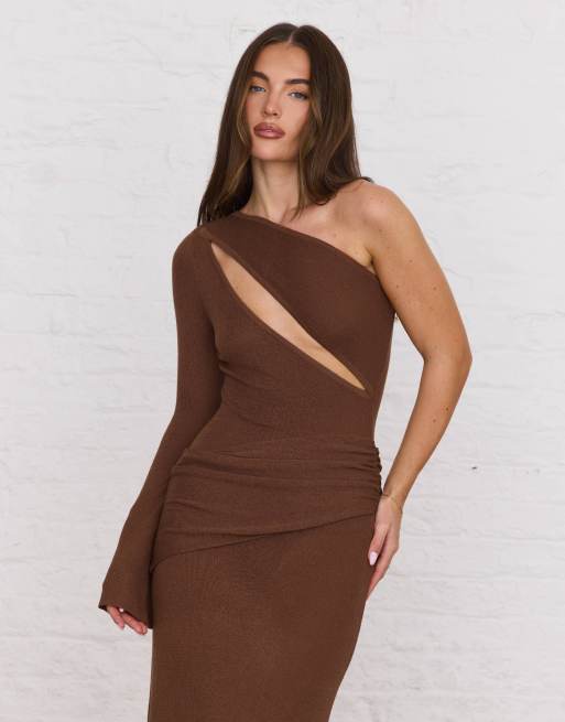 Aria Cove knitted cut out one shoulder drape detail maxi dress in brown, 3 of 4