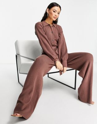 Aria Cove knitted drape detail jumpsuit in coffee