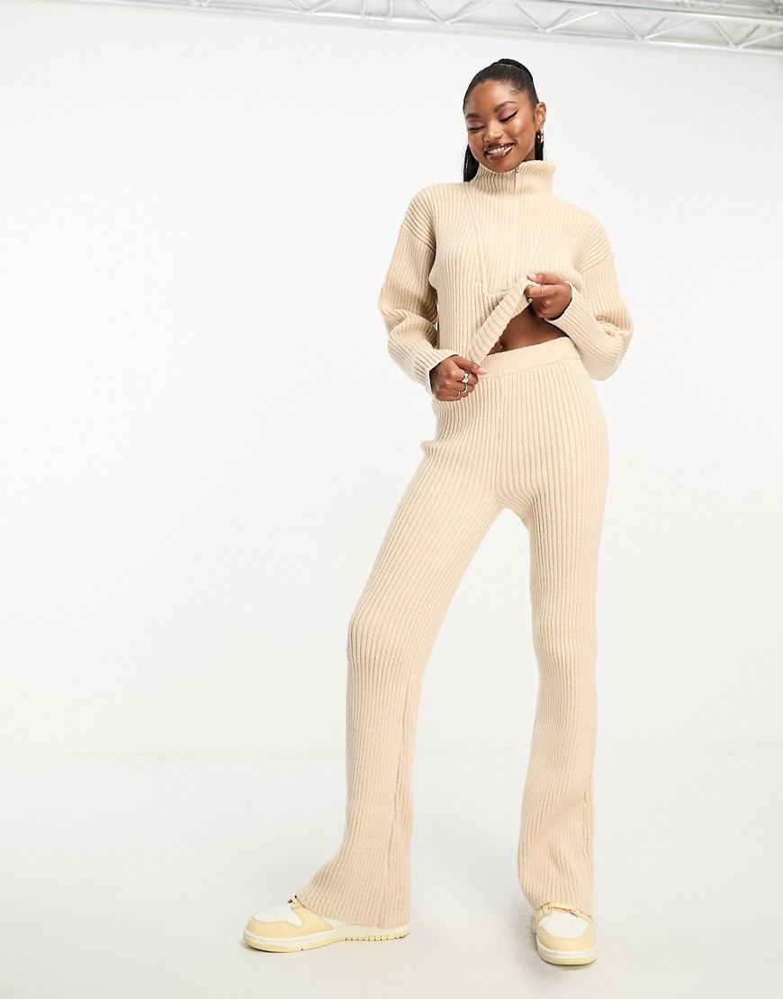 Aria Cove knitted flared trouser co-ord in beige-Neutral