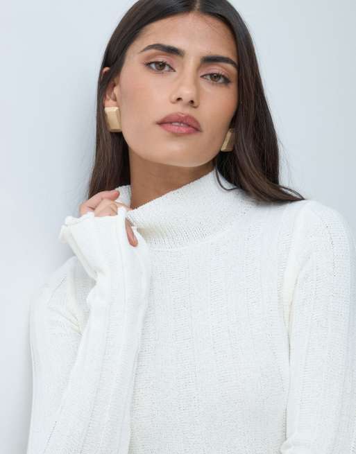 Aria Cove knitted high neck wide rib pleat hem mini dress in cream | ASOS