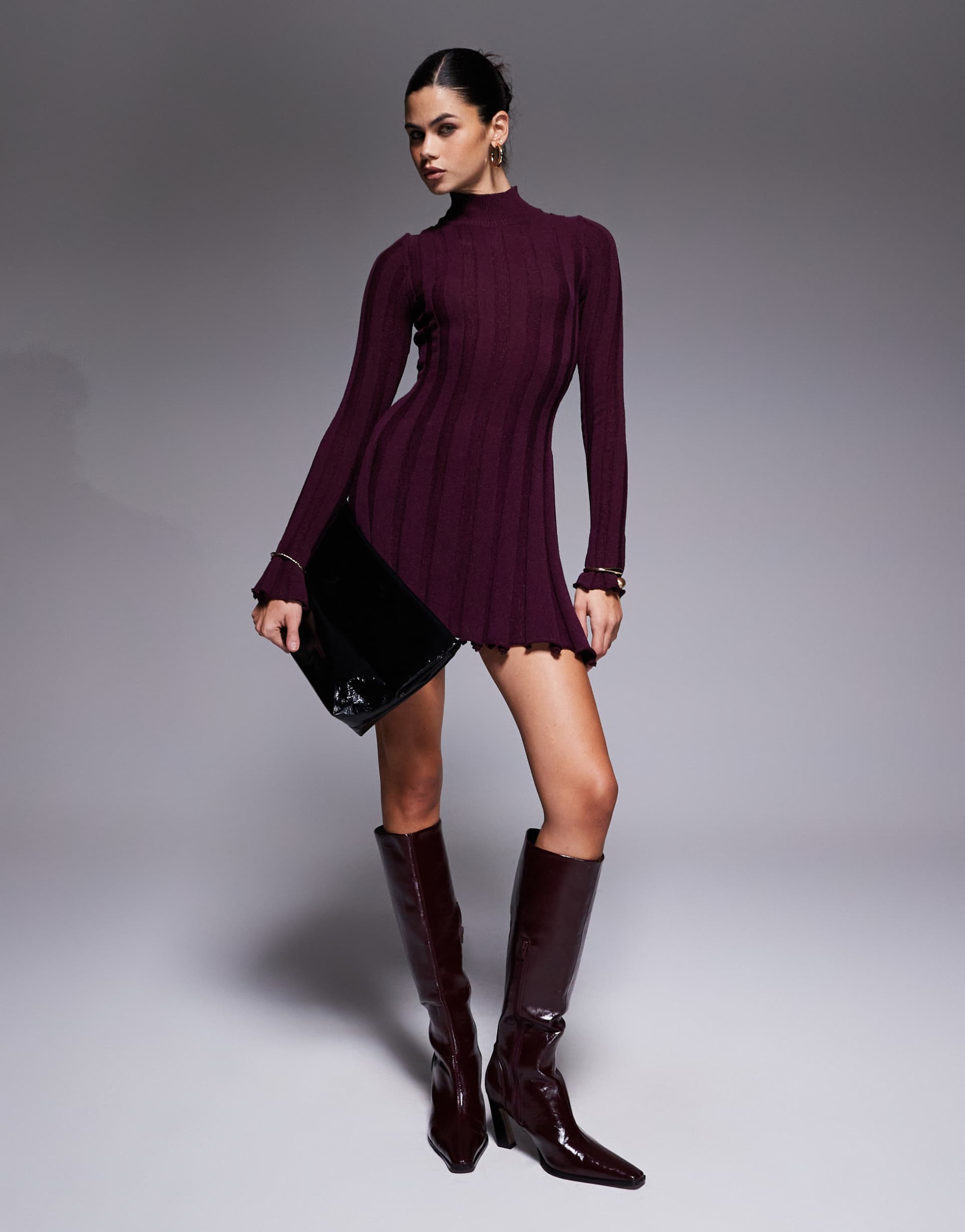 aria cove knitted high neck wide rib ruffle mini dress in burgundy