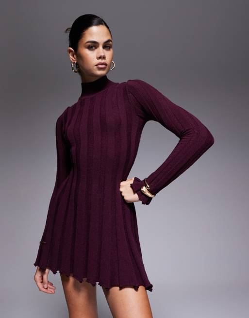 Aria Cove Knitted High Neck Wide Rib Ruffle Mini Dress in burgundy-Red