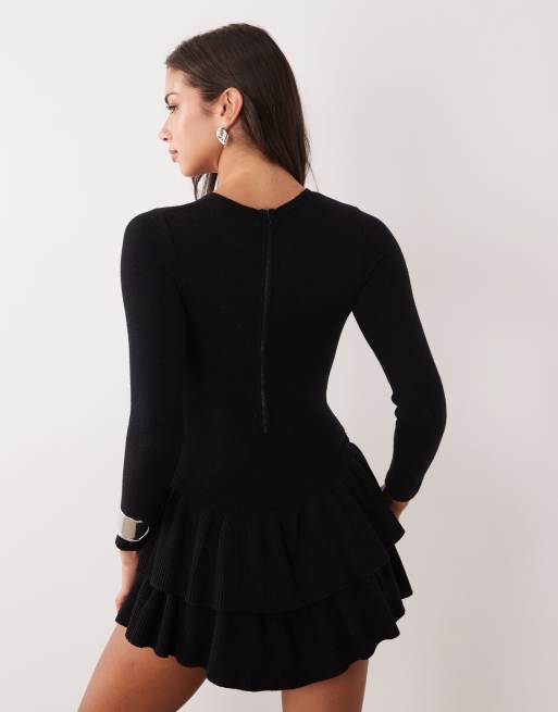 Aria Cove knitted long sleeve ruffle skirt mini dress in black, 4 of 4