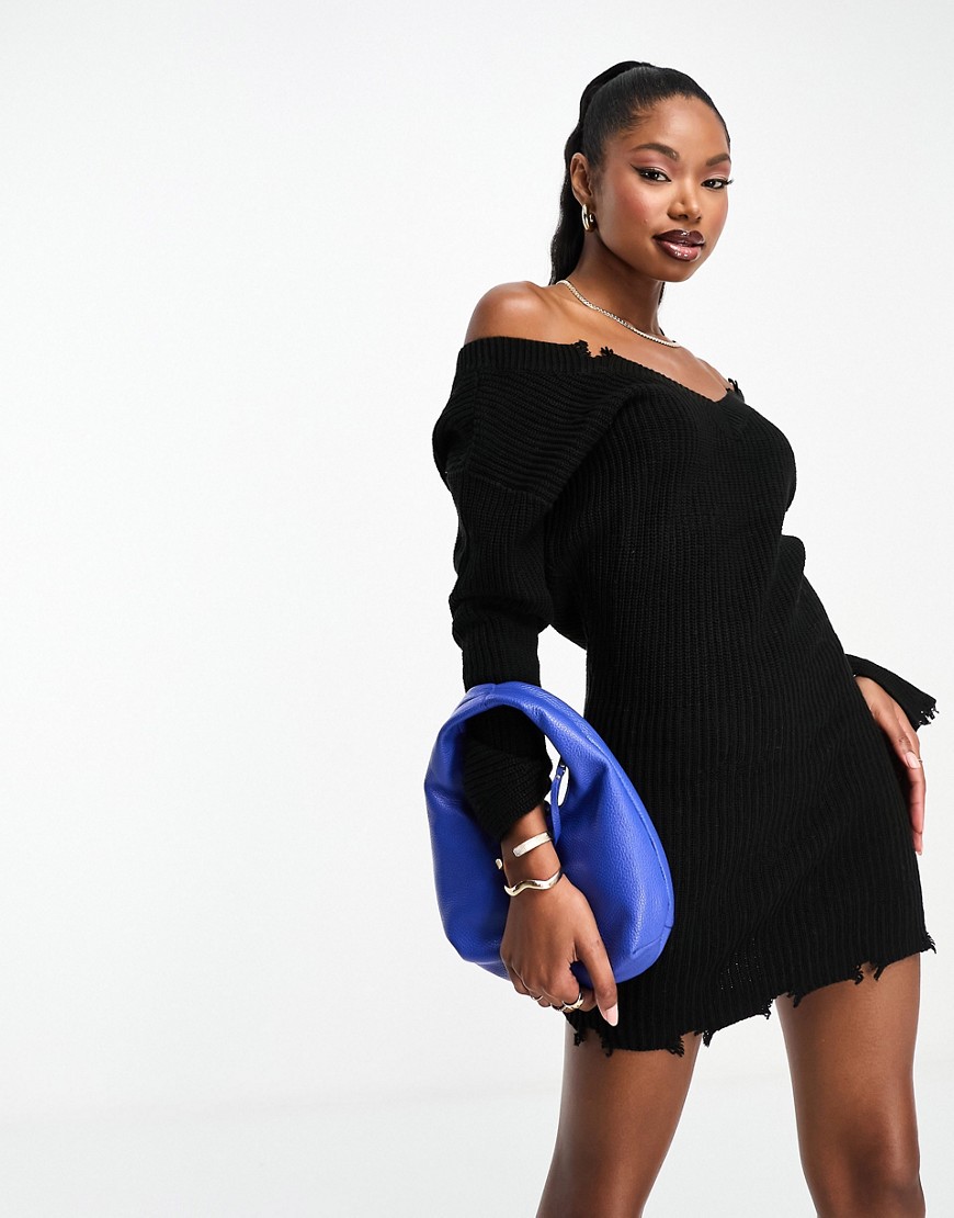 Aria Cove knitted off shoulder mini jumper dress with distressing in black