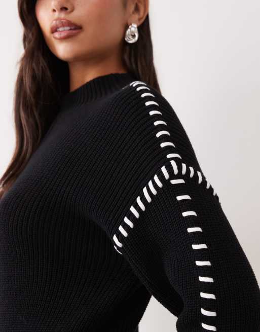 Aria Cove knitted oversized contrast stitch mini jumper dress in black, 2 of 4