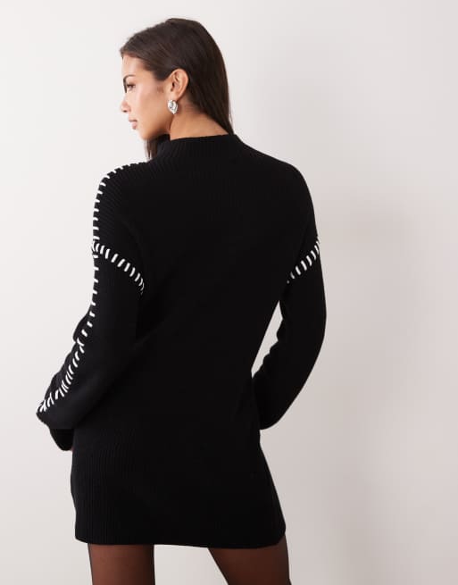 Aria Cove knitted oversized contrast stitch mini jumper dress in black, 3 of 4
