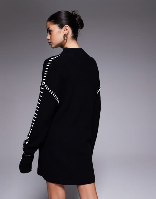 Aria Cove knitted oversized contrast stitch mini sweater dress in black, 4 of 4