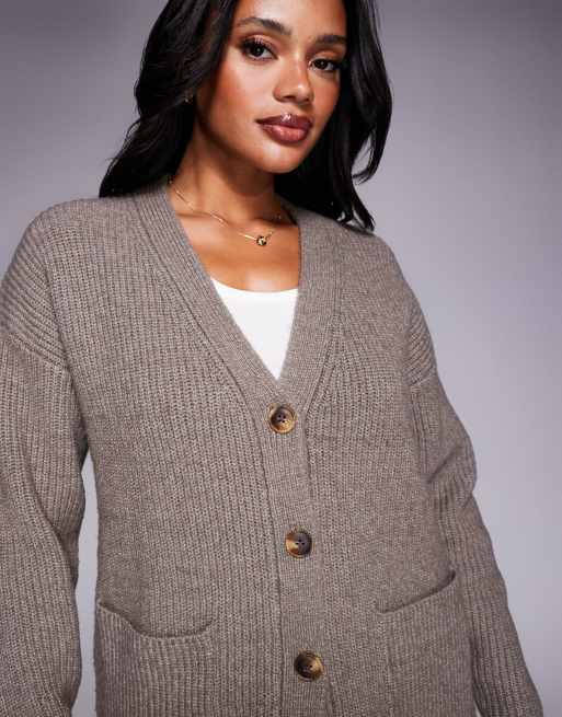 Aria Cove knitted oversized pocket front cardigan mini jumper dress in mocha, 2 of 4