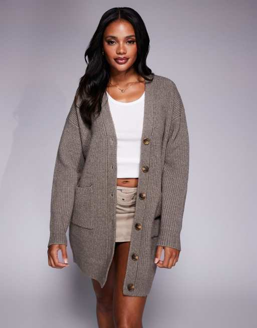 Aria Cove knitted oversized pocket front cardigan mini jumper dress in mocha, 4 of 4