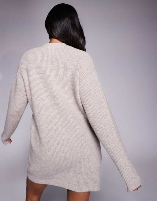 Aria Cove knitted oversized pocket front cardigan mini jumper dress in oat, 4 of 4