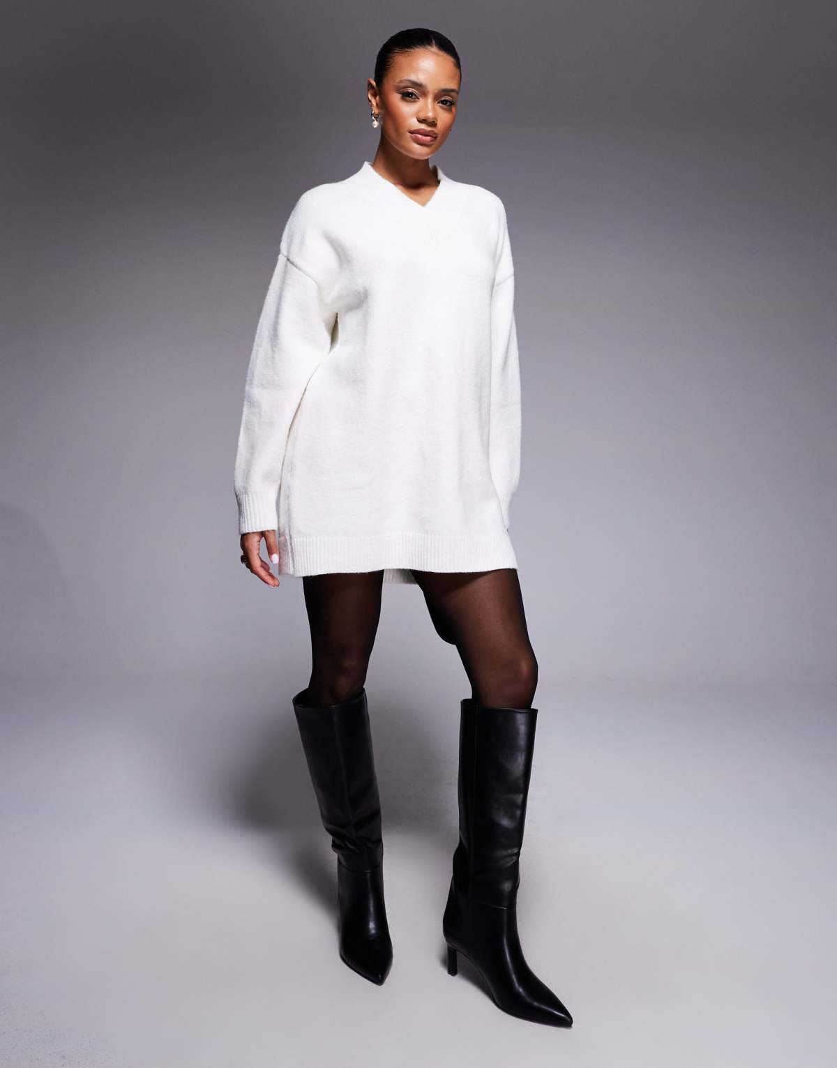 Aria Cove knitted oversized v-neck balloon sleeve mini jumper dress in cream