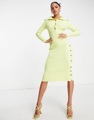 Aria Cove knitted ribbed button detail midi jumper dress in lime