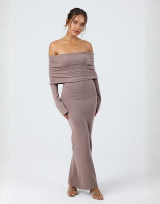 Aria Cove Aria Cove knitted ruched deep bardot maxi dress in mocha-Brown