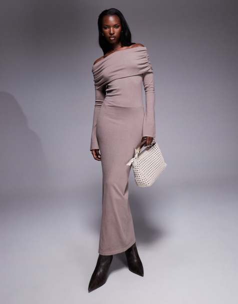 Aria Cove knitted ruched deep bardot maxi dress in mocha - view 1