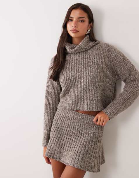 Aria Cove knitted skater mini skirt co-ord in charcoal marl - view 1