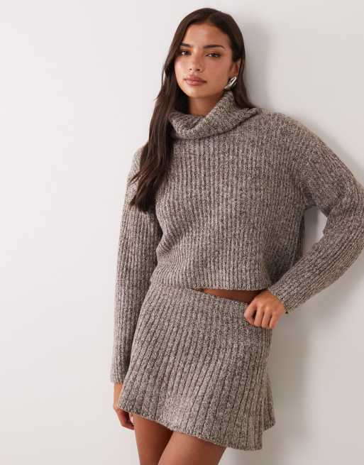 Aria Cove high neck knitted jumper and knitted skater mini skirt co-ord in charcoal marl, 2 of 3