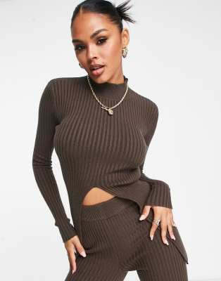 Aria Cove knitted turtle neck ribbed jumper with open front detail co-ord in chocolate-Brown