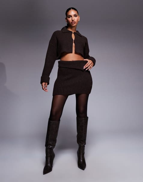 Aria Cove knitted wide rib collared cardigan and fold over mini skirt set in chocolate - view 1