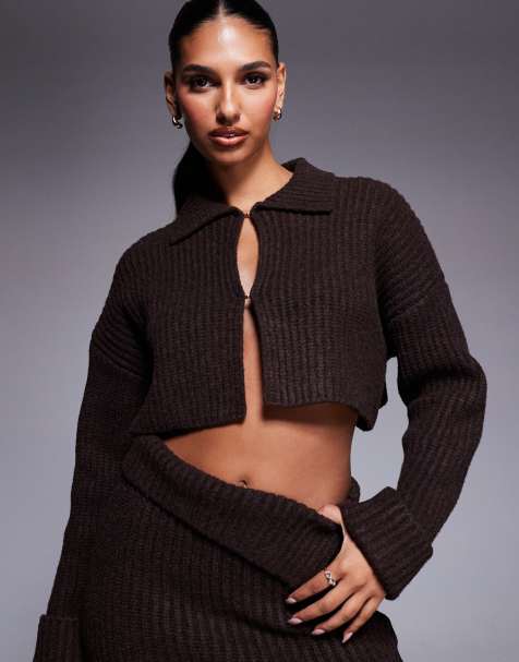 Aria Cove knitted wide rib collared clasp front cardigan co-ord in chocolate - view 1