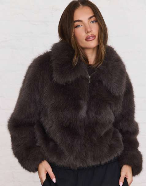 Aria Cove kort jacka i fuskpäls med oversized krage i charcoal - view 1