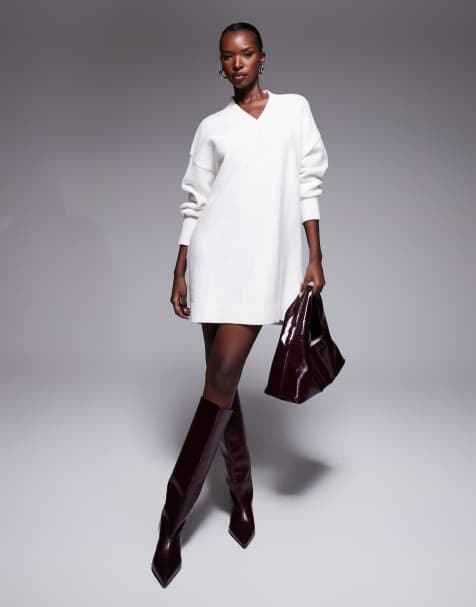 Aria Cove knitted oversized v-neck balloon sleeve mini jumper dress in cream