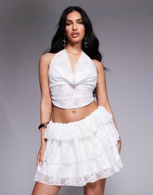 Aria Cove Aria Cove lace deep cowl halterneck open back beach top co-ord in white