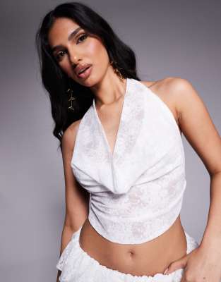 Aria Cove Lace Deep Cowl Halterneck Open Back Beach Top In White