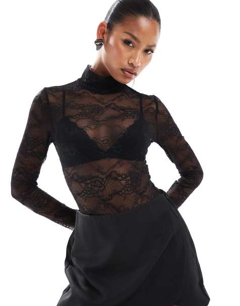 Aria Cove lace high neck long sleeve bodysuit in black - view 1