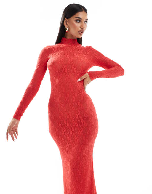 Red lace high neck dress sales