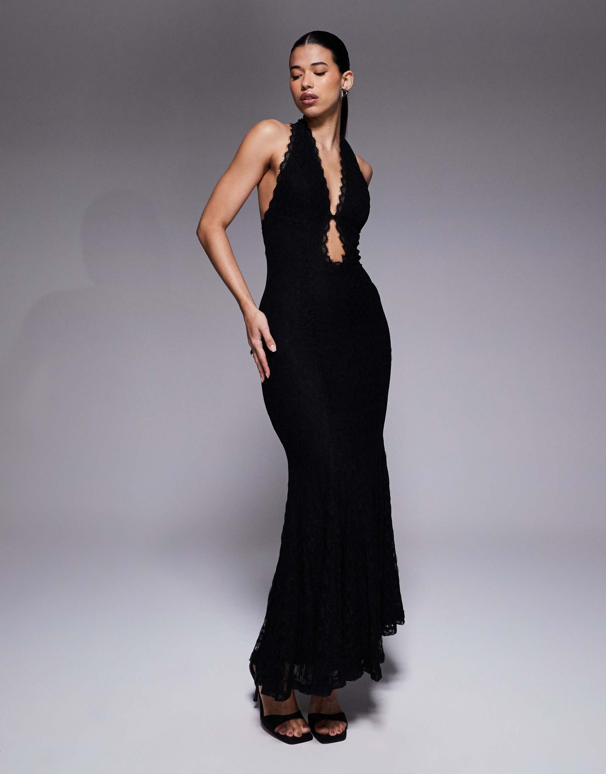 aria cove lace plunge halterneck maxi dress in black