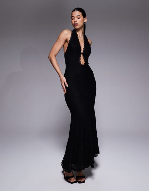 Aria Cove lace plunge halterneck maxi dress in black