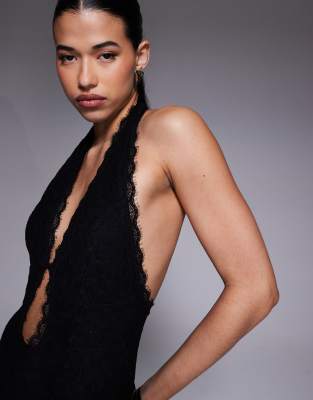 Aria Cove Lace Plunge Halterneck Maxi Dress In Black