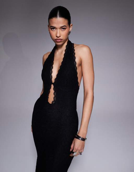 Aria Cove lace plunge halterneck maxi dress in black ASOS