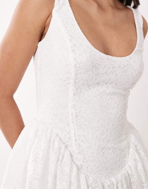 Aria Cove lace scoop neck corset detail frill hem mini dress in white | ASOS