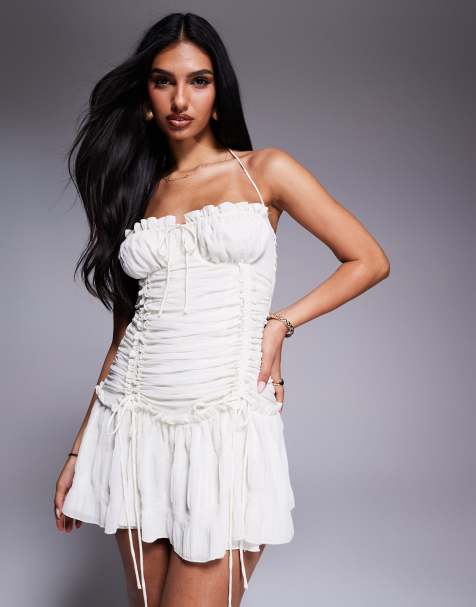 Aria Cove lace trim ruffle drop waist mini dress in white - view 1