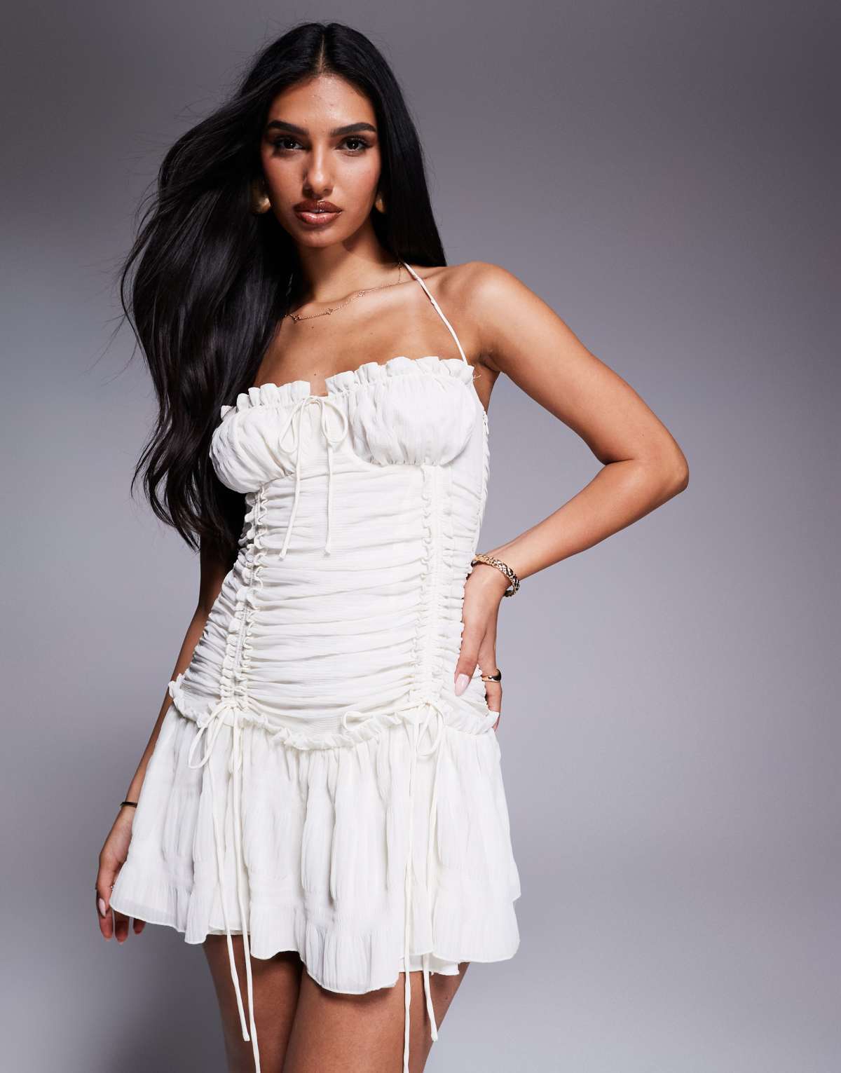 Aria Cove lace trim ruffle drop waist mini dress in white