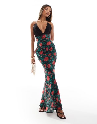 Aria Cove Lace Trim Strappy Low Back Maxi Dress In Black Rose Print-multi