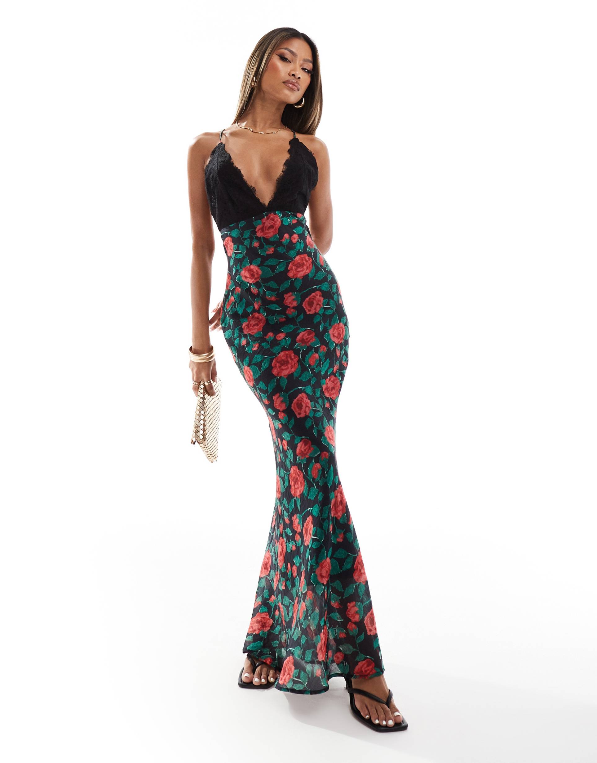 aria cove lace trim strappy low back maxi dress in black rose print