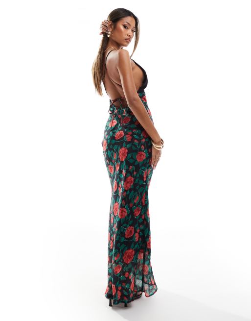 Aria Cove lace trim strappy low back maxi dress in black rose print ASOS