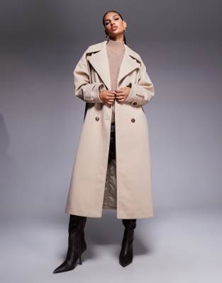 Aria Cove - Langer, schwerer Trenchcoat in beiger Wolloptik mit Kragen-Neutral