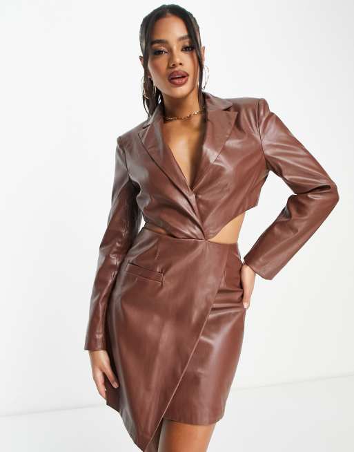 Aria Cove leather look cut out blazer dress with asymmetric hem detail in  chocolate