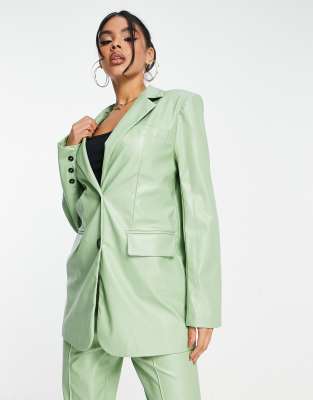 Aria Cove Leather Look Oversized Blazer In Sage - Part Of A Set-green