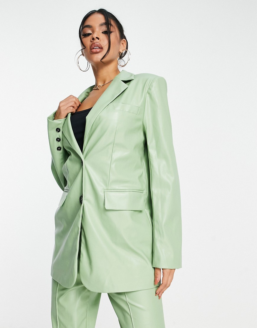 Aria Cove leather look oversized blazer in sage - part of a set-Green