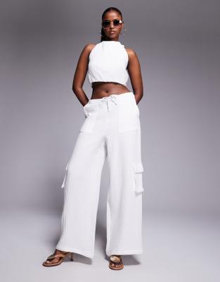 linen blend drawstring tie waist beach pants in white - part of a set