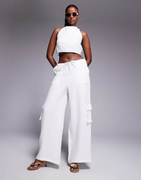 Aria Cove linen blend drawstring tie waist beach trousers co-ord in white