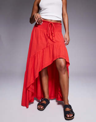 Aria Cove Linen Blend High Low Shirred Waist Maxi Skirt In Red