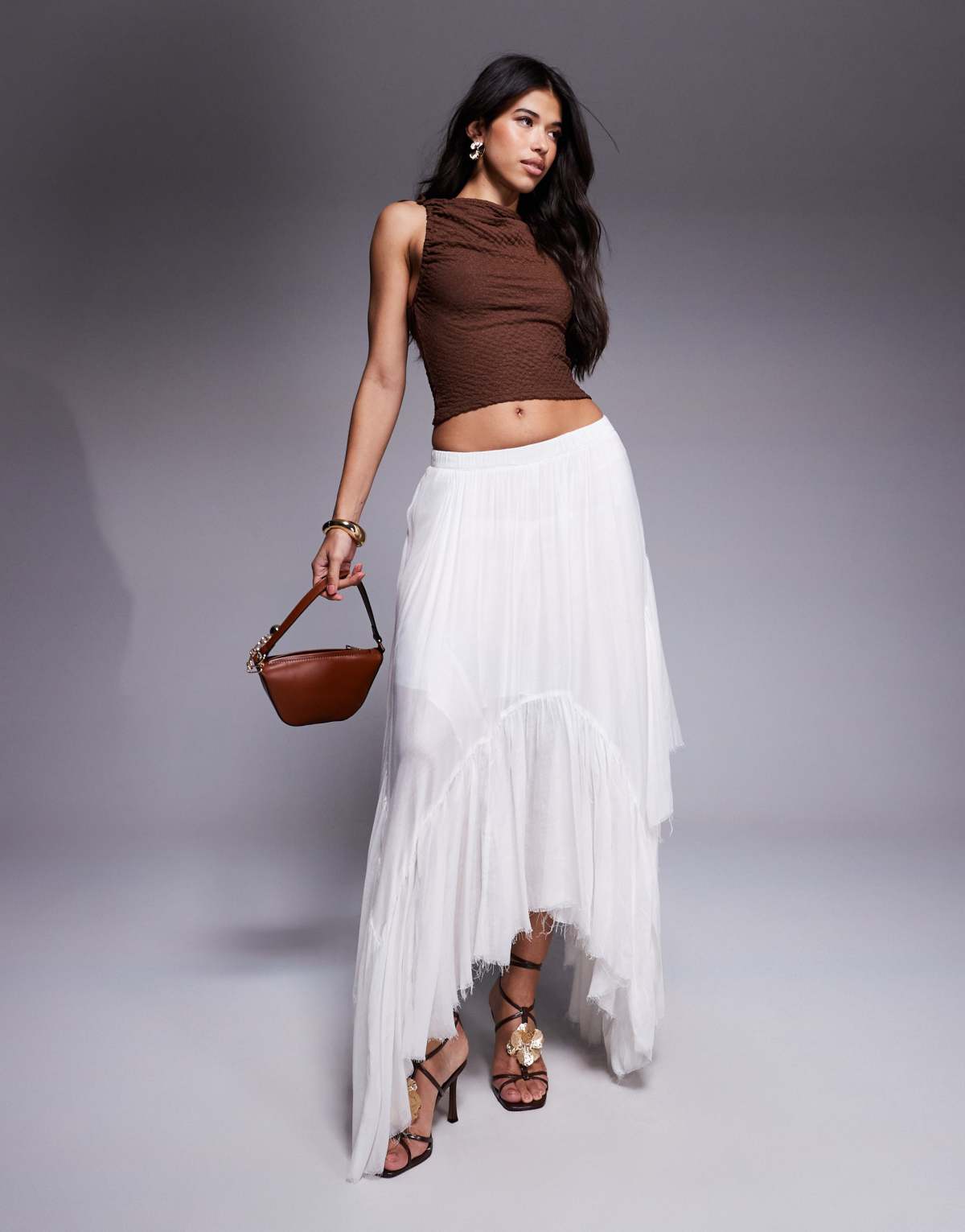 Aria Cove linen look tiered asymmetric raw hem maxi beach skirt in white